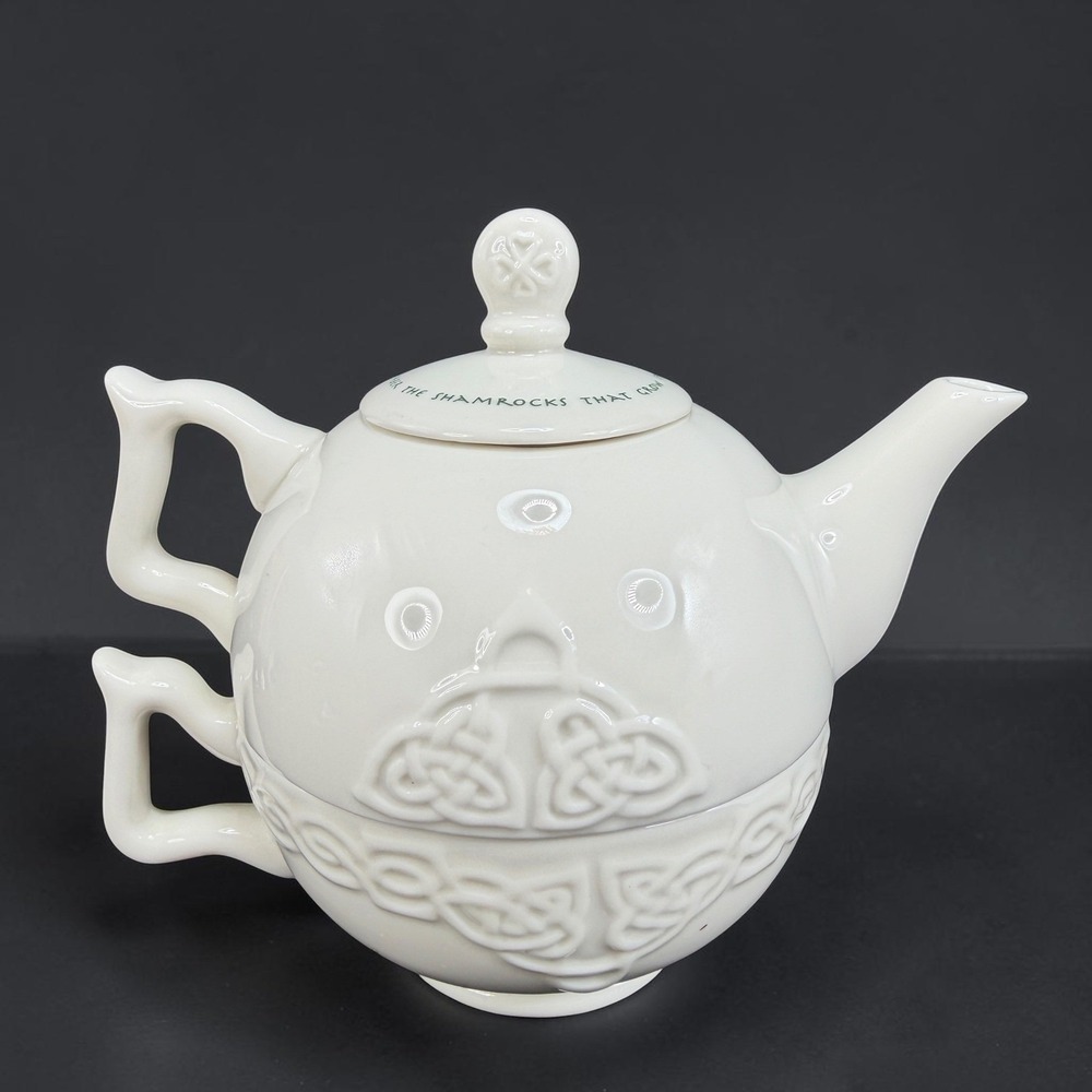 Russ Berrie Tea For One Ceramic Stackable Teapot Cup White Celtic Knot 20996